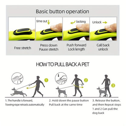 Heavy-Duty Retractable Dog Leash For Large Dogs Up To 49.9 KG - 4.88meter High-Reflective Nylon, Anti-Slip Handle, One-Button , Green And Black