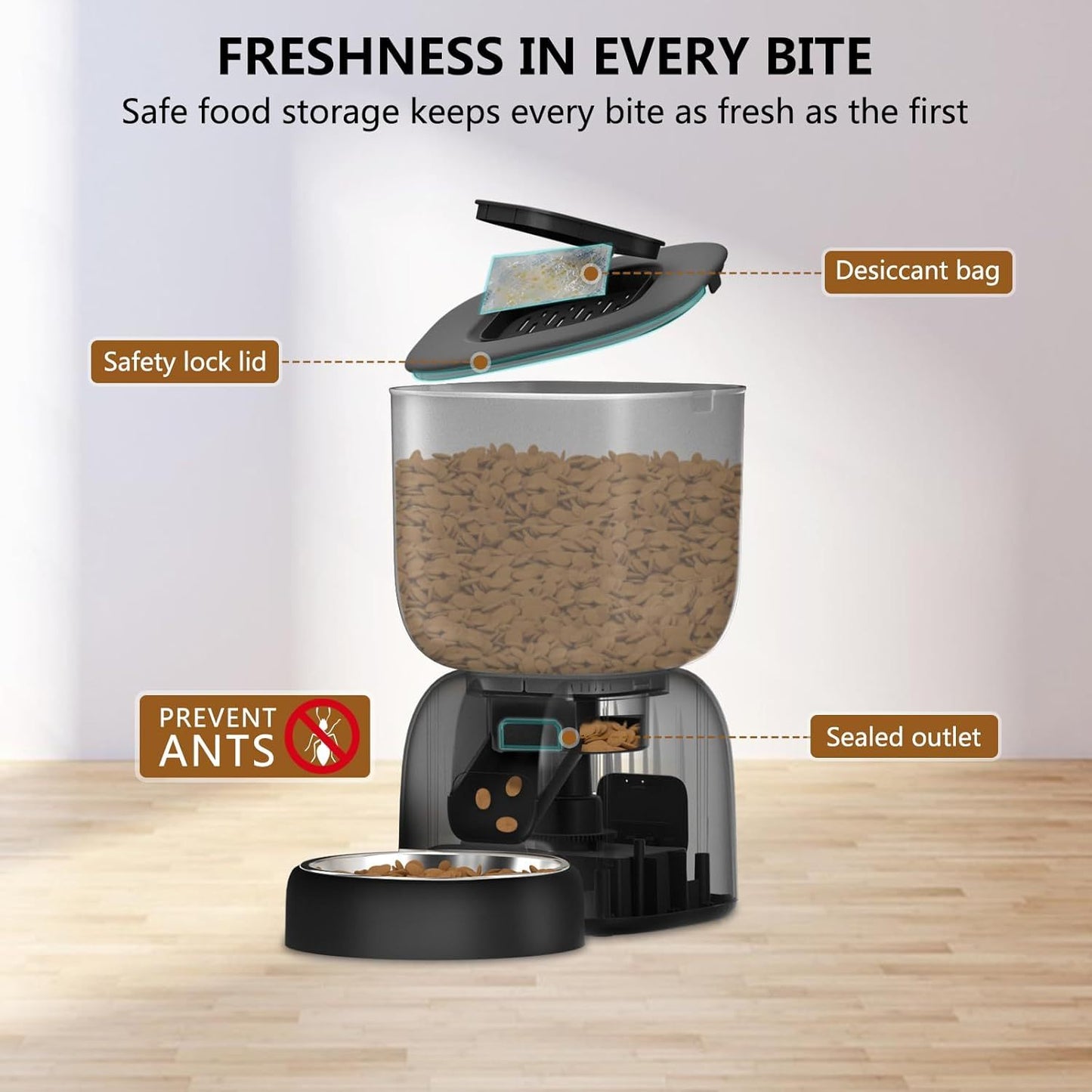 Smart Cat Feeding System - Dual Power Cat Feeder & Water Dispenser With Locking Lid, Desiccant Bag, Precise Portion Control For 4 Daily Meals, 10s Voice Recording Option